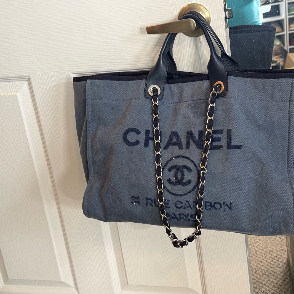 CHANEL Navy Canvas Tote with Chain Handles